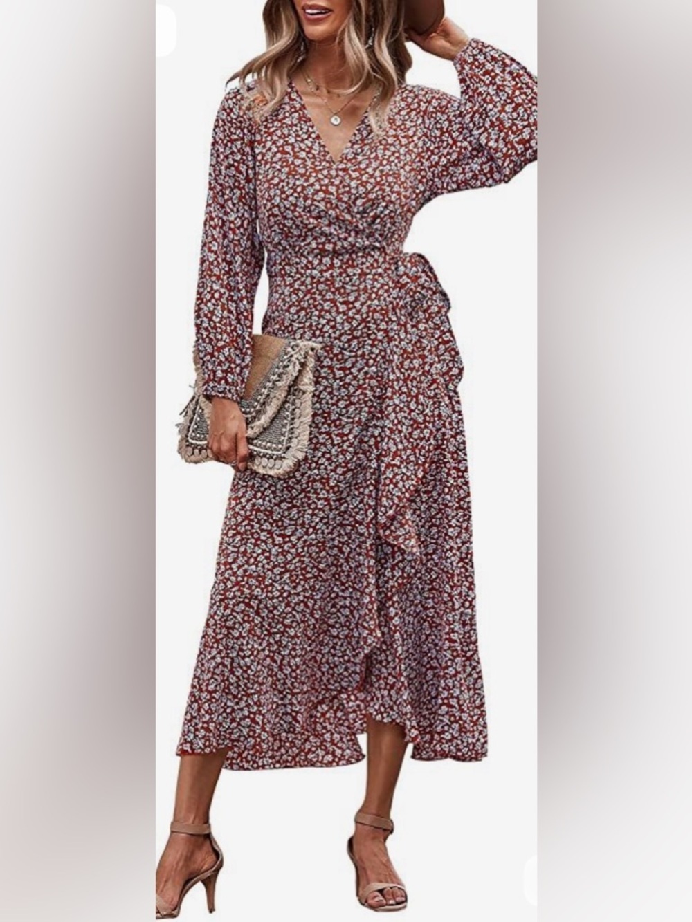 Pretty Garden EUC Floral Wrap Midi Dress Sz S Rust Blue Boho Wedding Guest Flowy